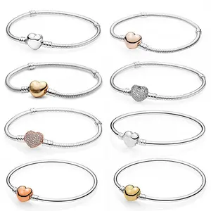 925 Sterling Silver Bracelet with Heart Clasp, Snake Chain, Charm, Pendant, Jewelry, Heart Style, Birthday Gift Design