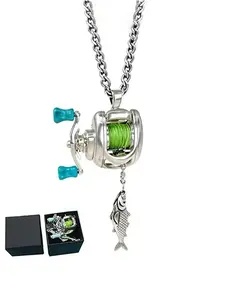 Fishing Theme Mini Reel Necklace with Rotating Handle, Detachable Line Ring, Spinning Wheel Keychain, Portable Lure Pendant, Cuban Link Chain, Gift for Fishermen