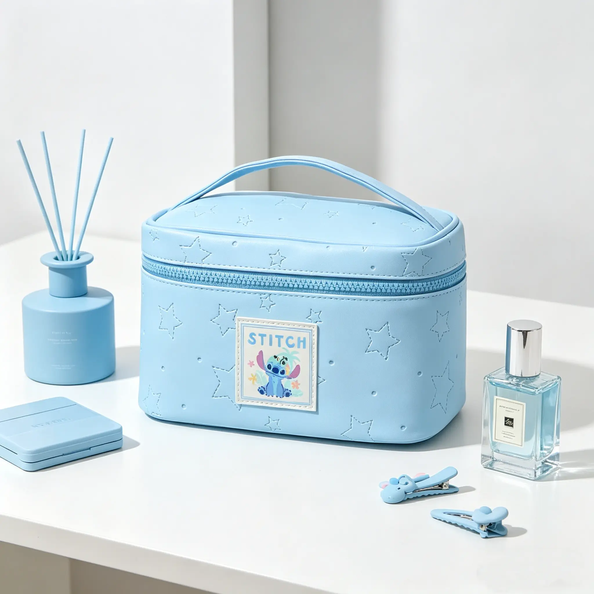 Disney Stitch Cute Cartoon Cosmetic Pouch, Cylindrical Handheld Makeup Organizer & Toiletry Bag for Holiday Travel and Back to School