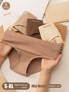 5Pcs Seamless Panties Mid Waist Maillard Color Women's Briefs Lifting Buttock High Elasticity Panty Comfortable & Breathable Woman Lingerie Ladies Flat Belly Sheath Underwear