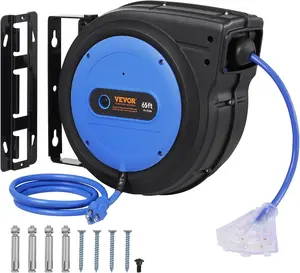 VEVOR 65FT Retractable Extension Cord Reel, 12AWG/3C SJTOW Heavy Duty Power Cord w/Lighted Electrical Triple Tap Outlets, 15A Circuit Breaker,180 °   Swivel Bracket for Workshop or Garage, Blue