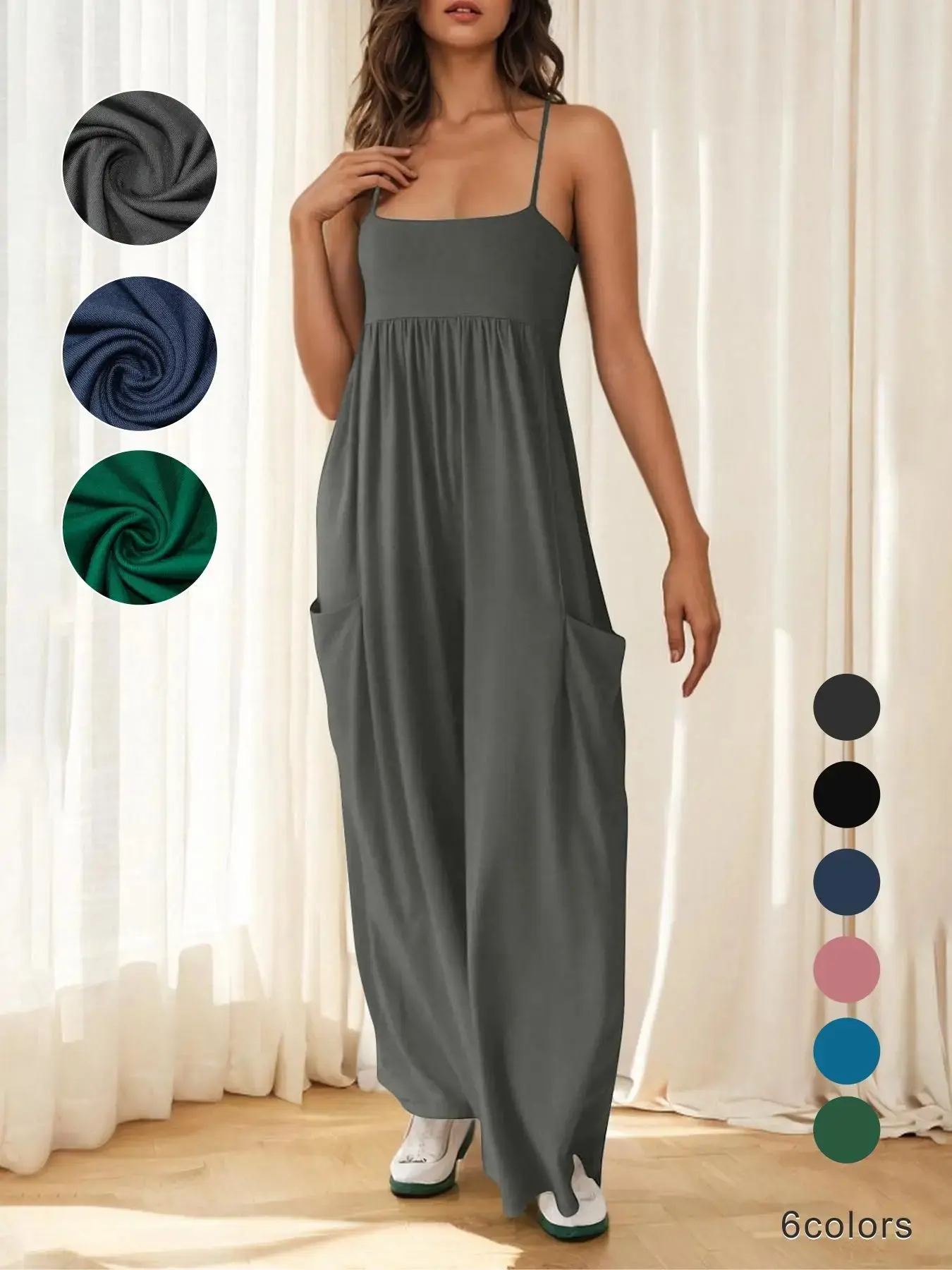 Summer Women's Casual Strapless Sleeveless Square Neck Loose Wide Leg Chic Romper, Comfortable and Stylish One-Piece for Daily Wear, Loose Jumpsuit, Casual Pocket Jumpsuit