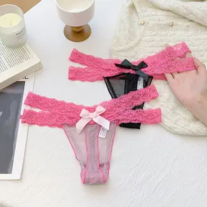 Colorful Pink Design Style Delicate Bow Embellished Lace Thongs Low Rise Sheer Pants for Cozy Daily Wear