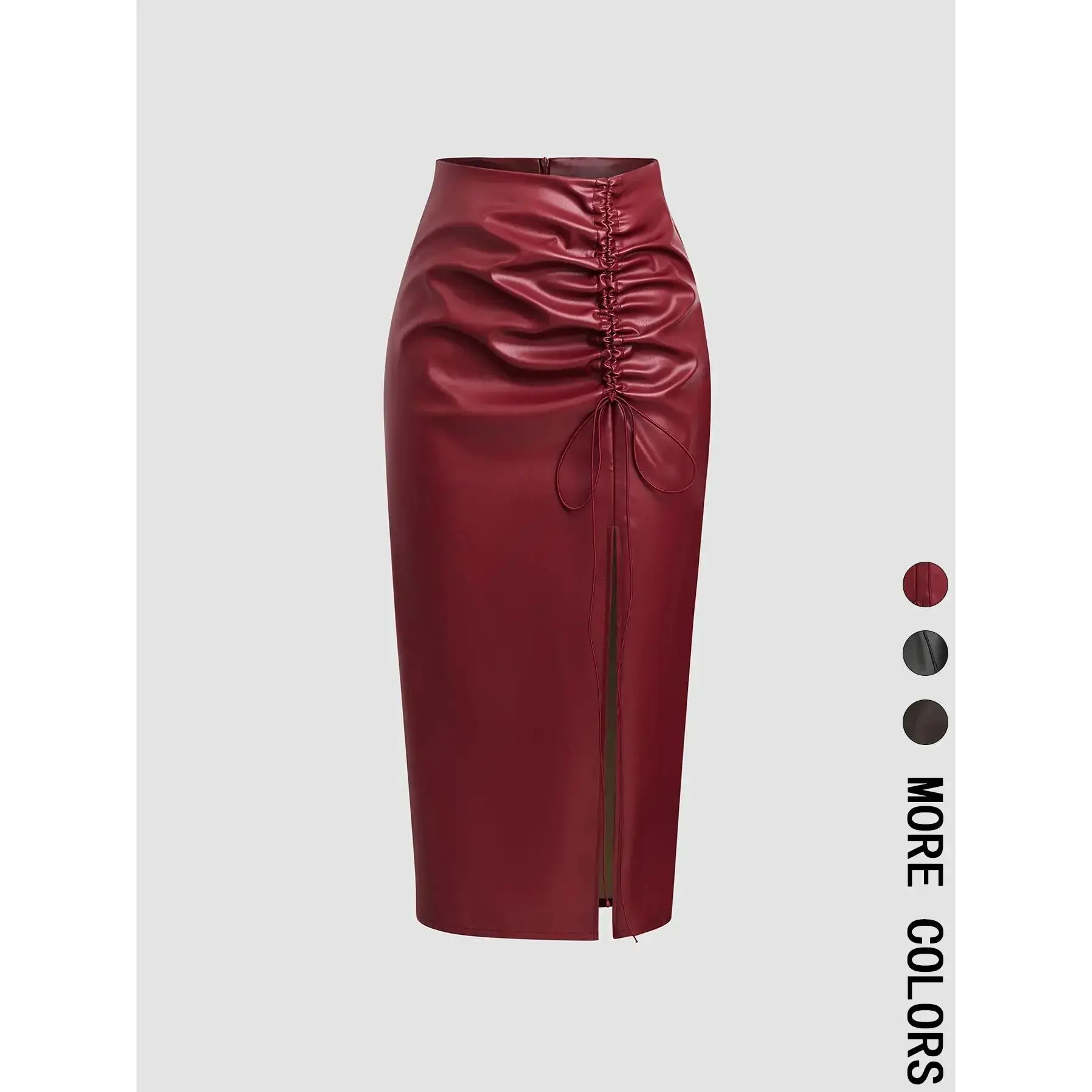 Women's Ruched PU Leather Skirt with Drawstring and Thigh Slit Fashion Casual Long Skirt for Daily Wear Ladies Bottoms & Autumn Fashion