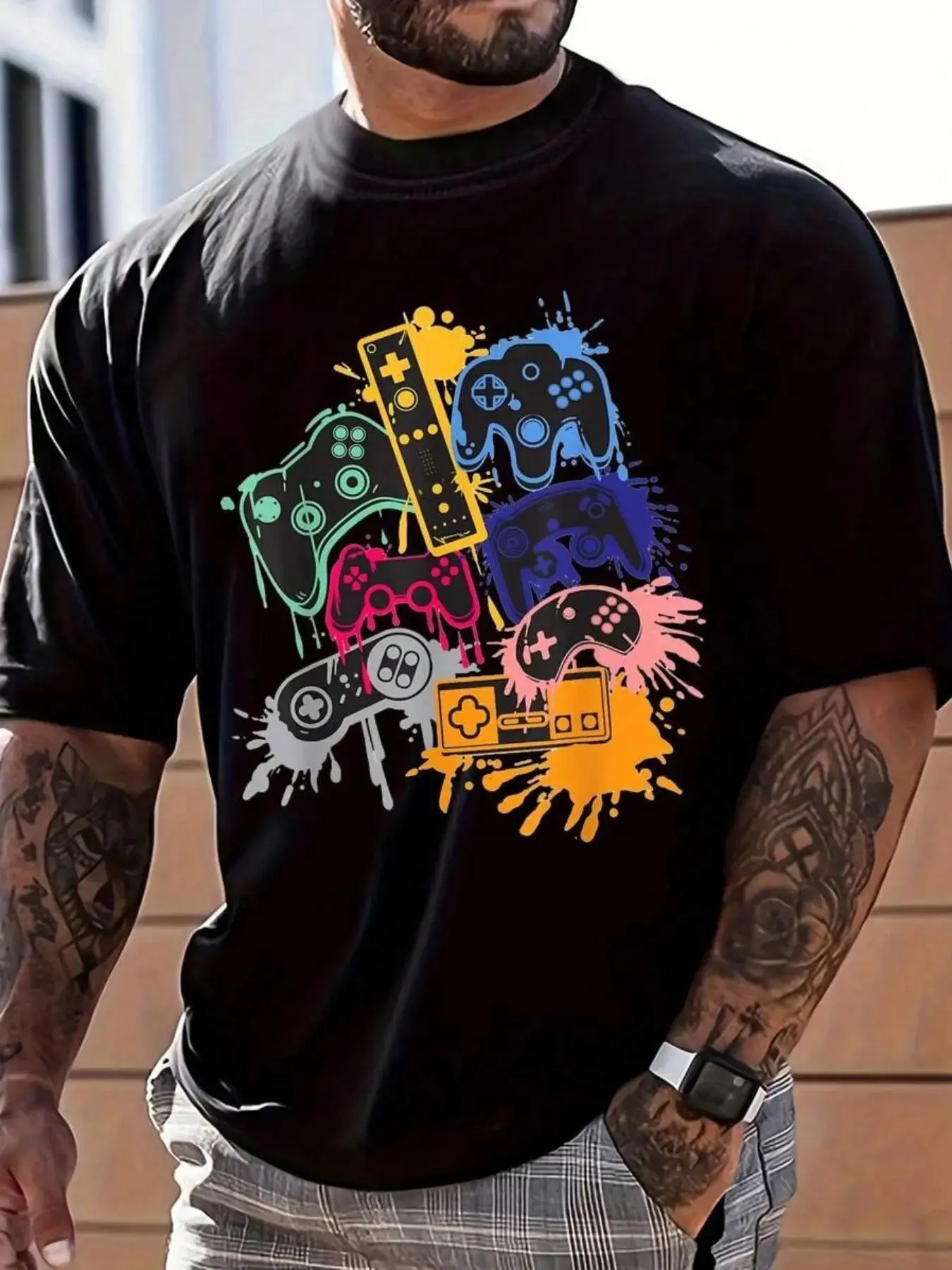 Men's Cartoon Game Controller Graphic T-Shirt, Short Sleeve Stretch Streetwear Top with a Regular Fit, Shortsleeve, Tshirt