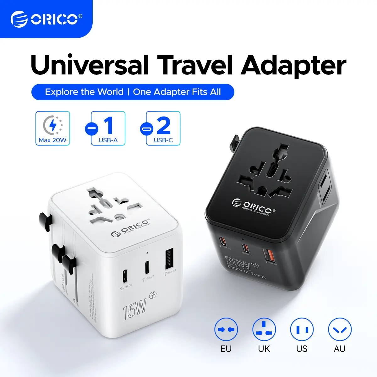 ORICO Universal Travel Adapter with USB-C Fast Charging Plug - Compatible with USA, Europe (UA AC) - For Mobile, Smartphone, Cellphone, Electronic Devices with Protection Functionality