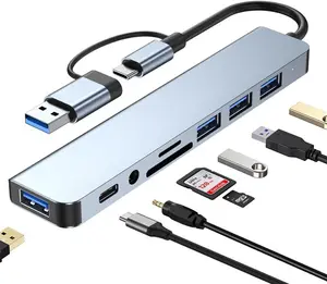 8-in-1 USB C Hub Multiport Adapter with USB 3.0, SD/TF Card Reader, Audio Jack – Portable Aluminum USB Hub for MacBook, iPad, Laptop & USB-C Devices
