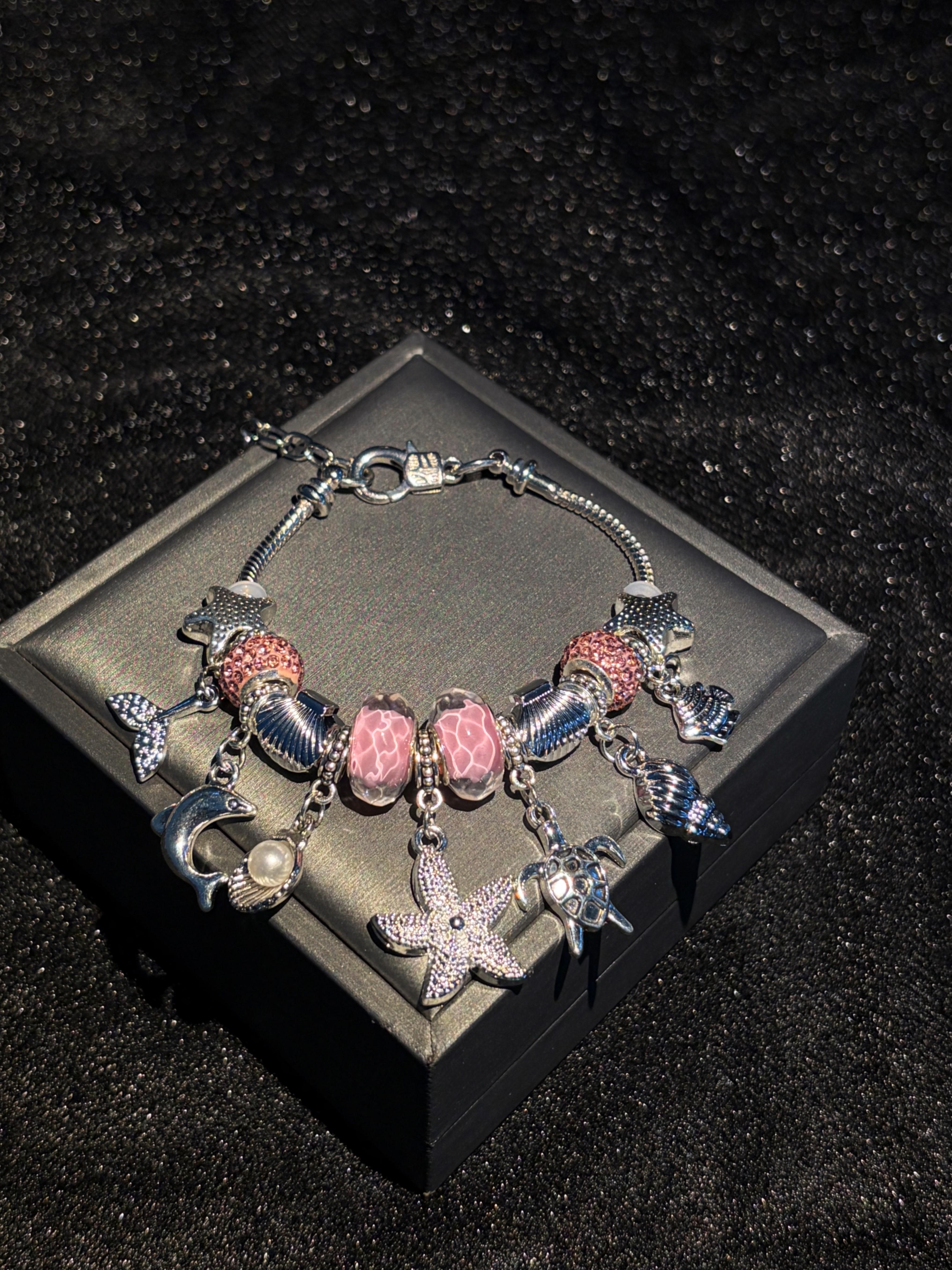 Silver‑Tone Ocean Theme Charm Bracelet for Women, Sea Life Dangle Charms Dolphin,Starfish,Turtle,Shell Conch Mermaid Tail, Murano Glass Beads, 2 Colors Blue Pink Option, Summer Beach Jewelry Gift for Girls