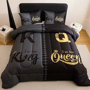 3pcs Soft Breathable Quilt Set – Black & Grey Crown Letter Bedding with Comforter & 2 Pillowcases, Thickened Quilted Design