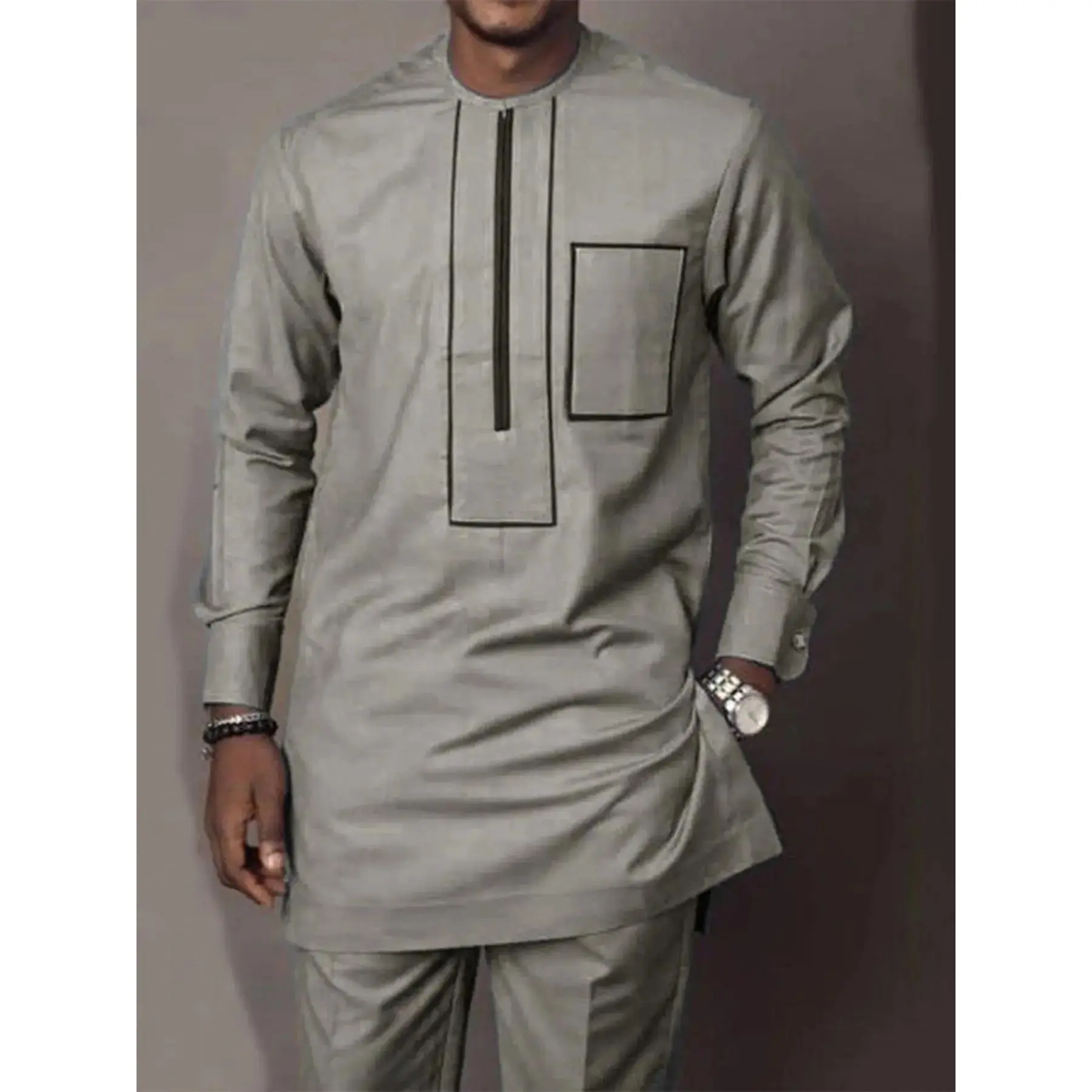 Men's Traditional Muslim Set, Embroidered Round Neck Tunic and Formal Wear Pants, Wedding Guest Attire, Men's 2 Piece Sets, Long Sleeve, 2-Piece Set, Unique Appeal