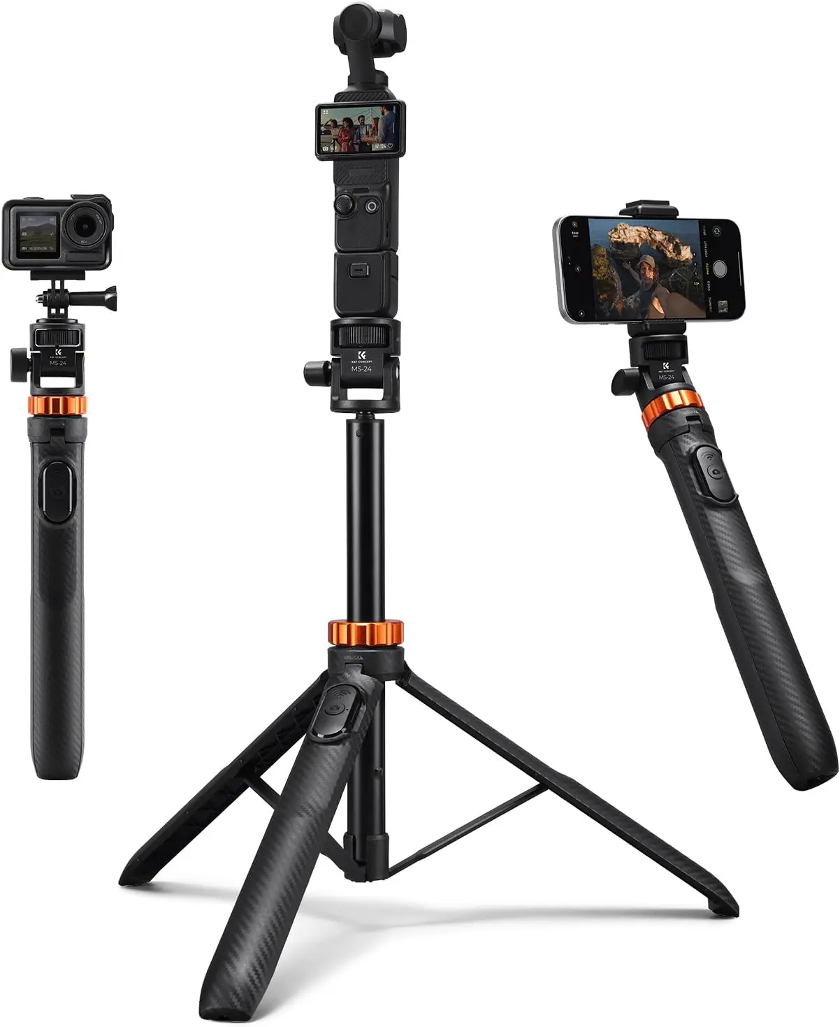 K&F CONCEPT Adjustable Silicone-Rubber Cellphone Holder, 69" Extendable Bluetooth Selfie Stick Tripod Light Stand with 1/4" Screw, Button Remote, Compact Storage, Compatible with DJI OSMO 360 Pocket 3/XTRA, iPhone 17, Action Cameras, Projectors