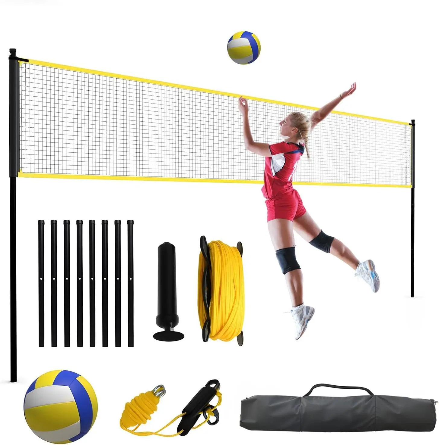 Portable Adjustable-Height Volleyball Net Set for Backyard Use, Complete Kit with Carry Bag, Volley Ball, Pump & Ropes, Stable Freestanding Net for Kids & Adults