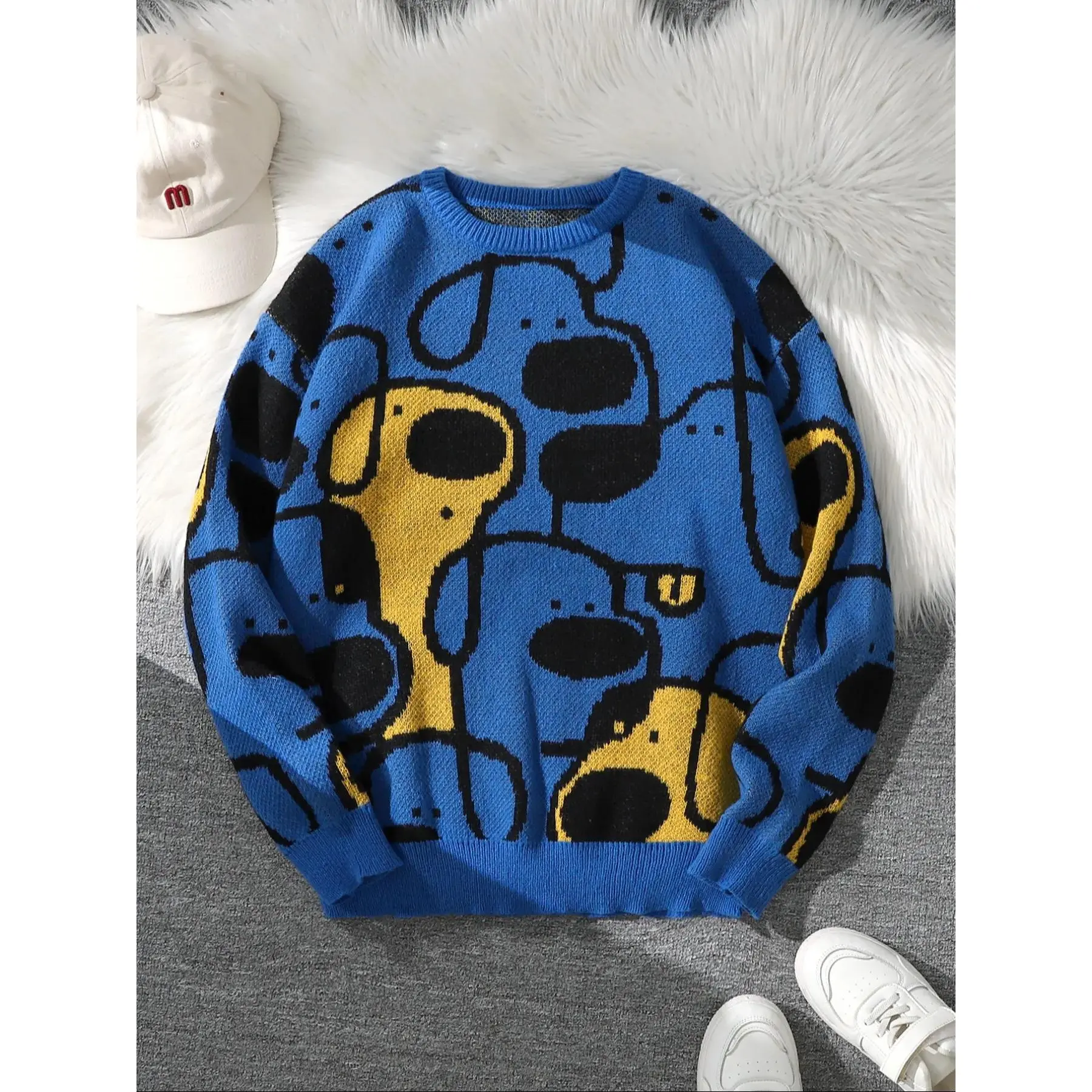 Unisex Whimsical Dog Graphic Sweater, Tight-Fitting Jacquard Knit Pullover with Crew Neck for Autumn-Winter, Menswear, Cartoon