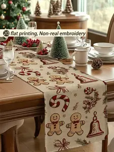 1pc 2D Embroidery-Like Gingerbread Man Printed Linen-Like Table Runner, Christmas Tree Decor Table Runner, 1pc Table Runner, 4pcs Placemats, 1pc Cushion Cover, 3 Products Available, Seasonal Home Decor For Winter, Christmas, Indoor/Outdoor Party, Christma