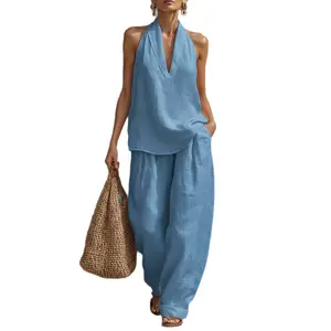 Boho Linen Two Piece Set - Perfect for Beach, Vacation & Brunch! Halter Neck Sleeveless Top Wide Leg Pants Set # TwoPieceSet # LinenSet # WideLegPants # HalterNeck # SummerOutfit # BohoFashion # CasualWear # Outfit of the Day # WomensFashion
