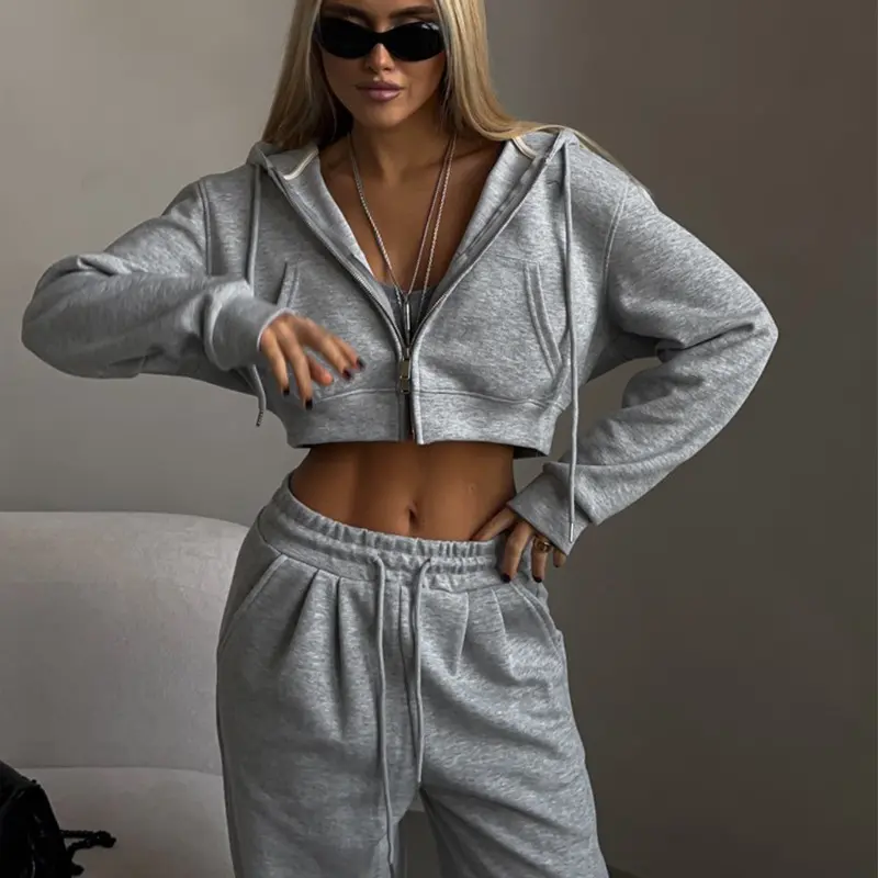 Cropped Zip Up Flared Tracksuit Lounge Set Autumn new women's leisure suit solid color short open waist cardigan lace up Sweatpants