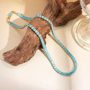 1pc Bohemian Style Square Blue Turquoise Necklace | Detachable Extension Clasp, Perfect for Spring/Summer, Vacation, Bridal, Wedding, Valentine's Day