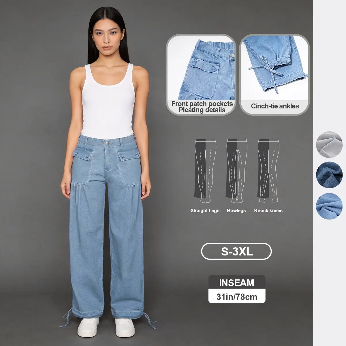 Pwest NYC Women's Lotus Tube Jeans - Mid Rise, Front Pockets, Ankle Ties, All-Season Casual Streetwear Denim Bottom Pants (Sports & Outdoor Bottoms),back to school,back to school haul