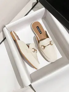 2025 Autumn Vintage French Backless Loafers Brown Slip On Flat Mules For Women Footwear Shoe