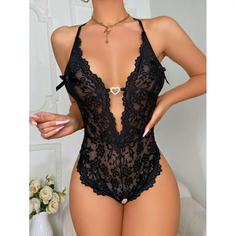 Women's Lace Scallop Trim Cut Out Sheer Crotchless Sexy Costume, Naughty Lingerie, Bow Front Rhinestone Heart Decor Sleeveless Lingerie, Ladies Summer Lingerie, Sexy Bodysuits for Women