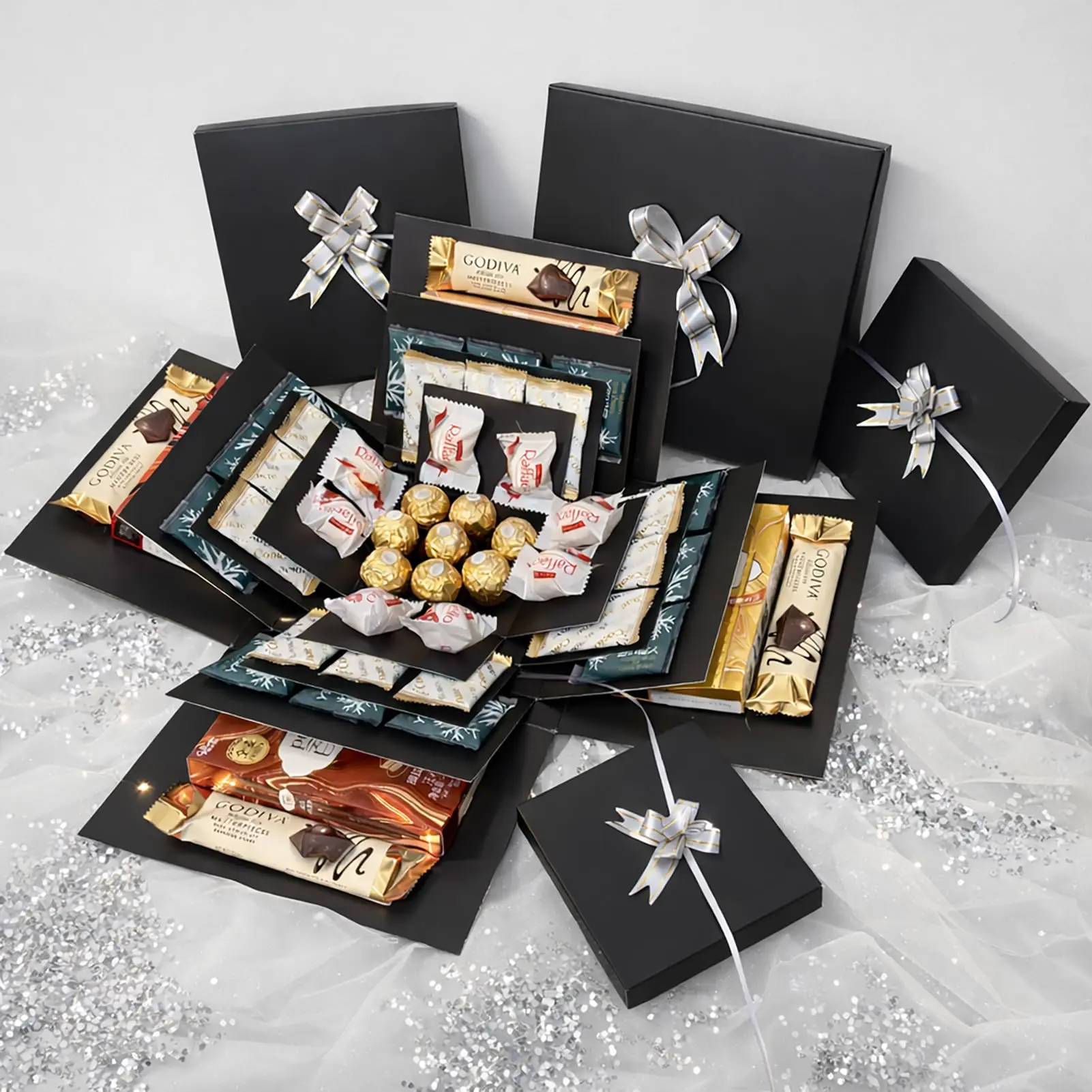 Black 4-Layer Cardboard Explosion Gift Box - 10in x 10in x 7in, Creative Gift Box Design DIY Kit for Anniversary & Birthday Celebrations