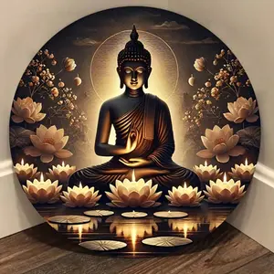 1pc 8x8in Multicolor Iron Peaceful Buddha Meditation Round Metal Sign, Glowing Lotus & Candlelight Design, Home Decor for Living Room, Religious Ornaments (20.32x20.32cm)