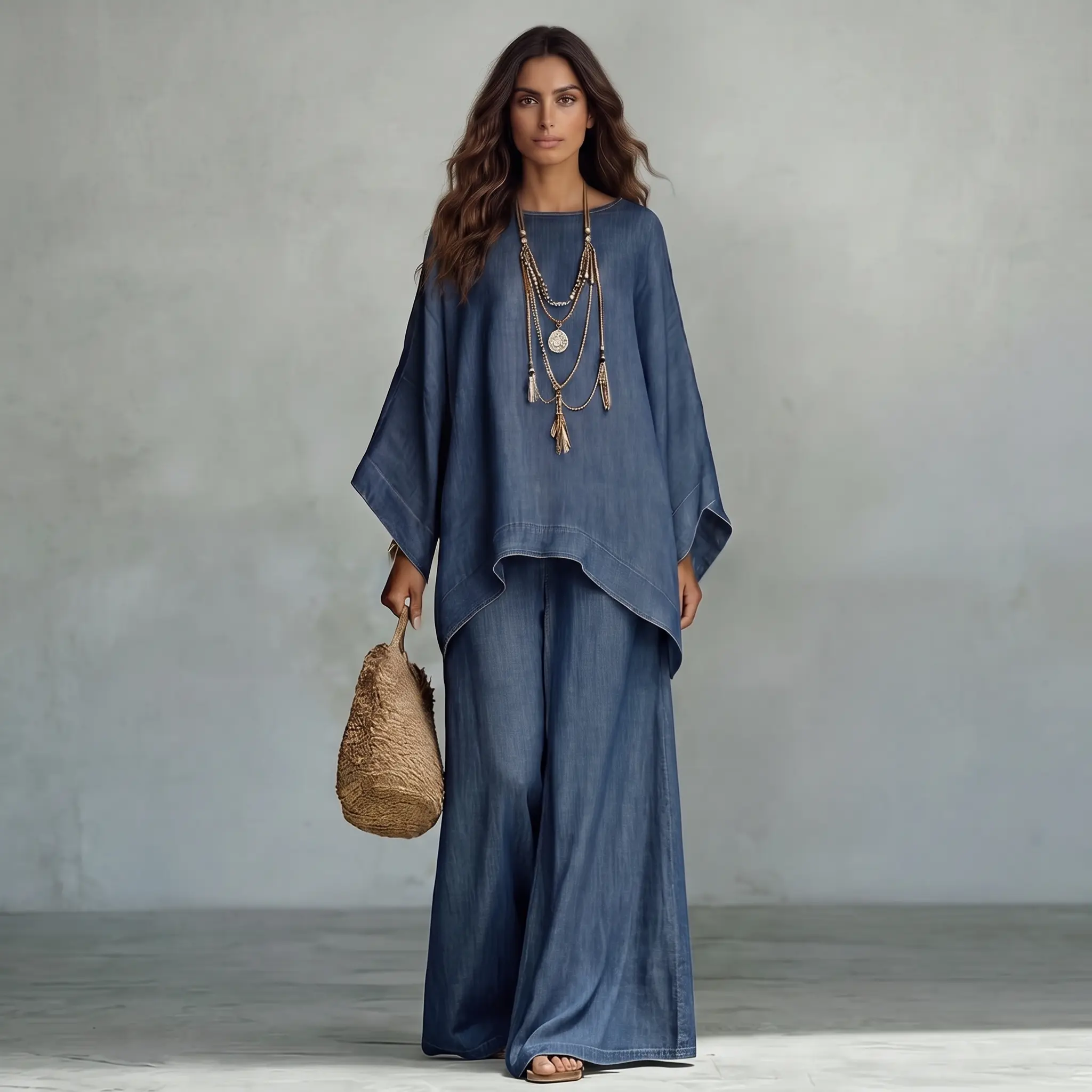 LikeMyChoice 2026 Women's 2-Piece Boho Co-ord Suit Elegant Asymmetrical Poncho Top & High-Waisted Wide-Leg Pants for Vacation Loungewear