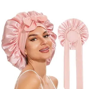 Elastic Ribbon Bow Satin Round Cap Solid Color Imitation Silk Sleep Cap Wide-Brim Beauty and Hairdressing Headscarf Cap