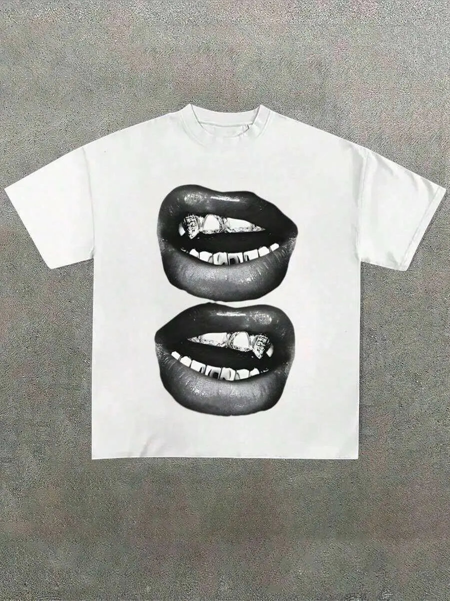 Vintage Silver Grillz Lips Graphic White T-Shirt Unisex Oversized Short Sleeve Tee Hip Hop Streetwear Big Mouth Print Cotton Top For Men Women Y2K Casual Tee