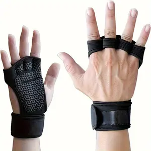 Black Breathable Unisex Fingerless Fitness  With Adjustable Wrist Strap, Outdoor Cycling , Sports  Grip Women's Double Anti-Slip Pattern Gloves Touch Screen Padded Half Finger Weightlifting Waist Silicone Gym Hand Grip Lifting and Wrist Wraps Bundle