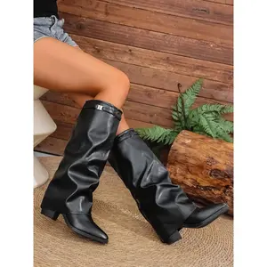 Knee-High PU Leather Pull-On Boots, Fashionable and Comfortable Design, Available in 4 Colors, Trendy All-Season Shoes, Perfect for Fashion Lovers