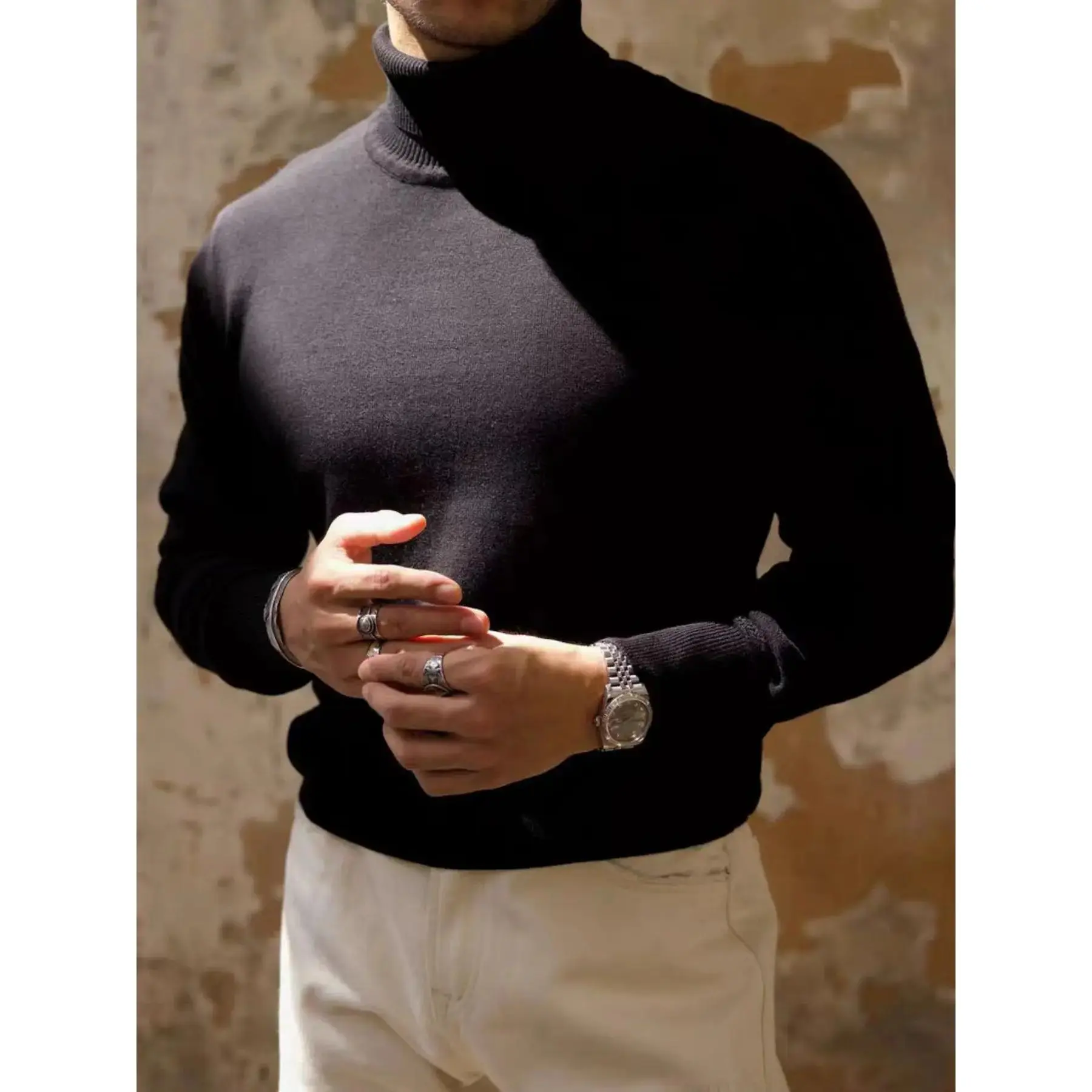 Men's Minimalist Knit Sweater, Thick Fleece-Lined Slim-Fit Winter Pullover with Long Sleeves for Casual Outdoor Wear, Long Sleeve, Crew Neck, Solid, Tops, Menswear, Pull On, Slim-Fitting, Full Sleeves