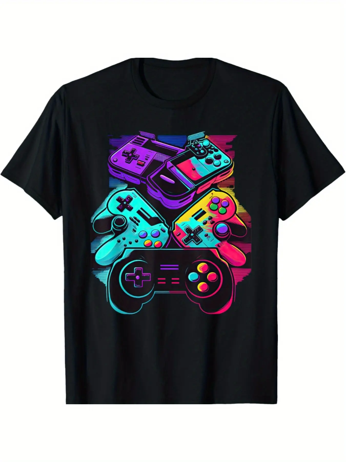 Men's Gamer Graphic Long Sleeve T-Shirt, Street Casual Crew Neck with Joystick Position Print, Loose Fit Cotton-Polyester Blend, Menswear, All Seasons, Festive, Basic