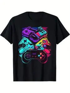 Men's Stretch Casual Gamer Joystick Control Video Game T-Shirt - Round Neck, Long Sleeve, Loose Fit, Cotton-Polyester Fabric, Classic Hem, Menswear Top