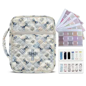 Blue Bow Quilted Bible Case for Women Large Capacity Scripture Bag with Handle & Front Zipper Pocket Durable Church Carrier Floral Cross Print Bible Cover with Free Tabs & Bookmarks Gift for Her Christian Accessories