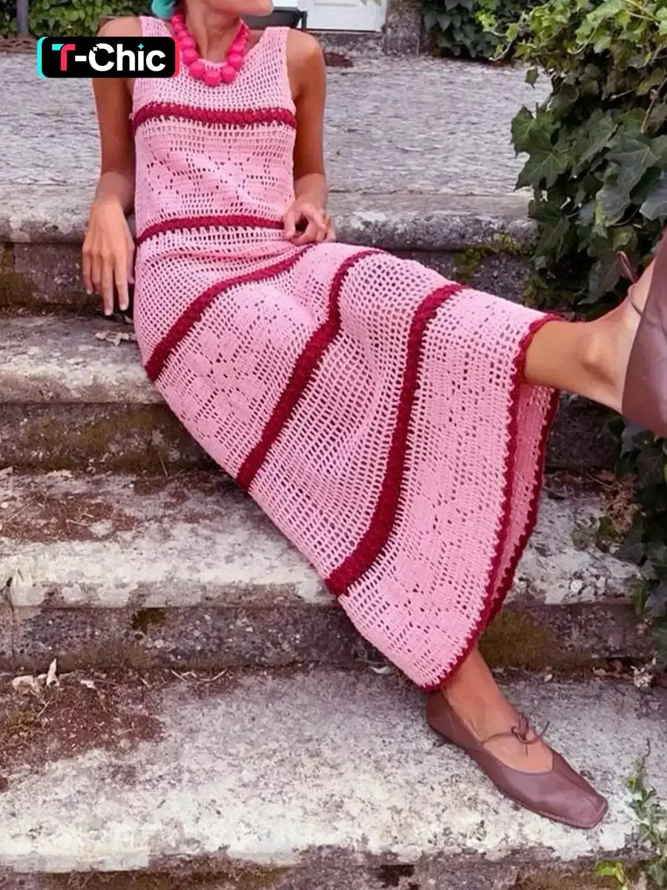 Women's Colorblock Crochet Sleeveless Fitted Sweater Dress Boho Summer 2026 Breathable Lightweight Everyday Knit Gown