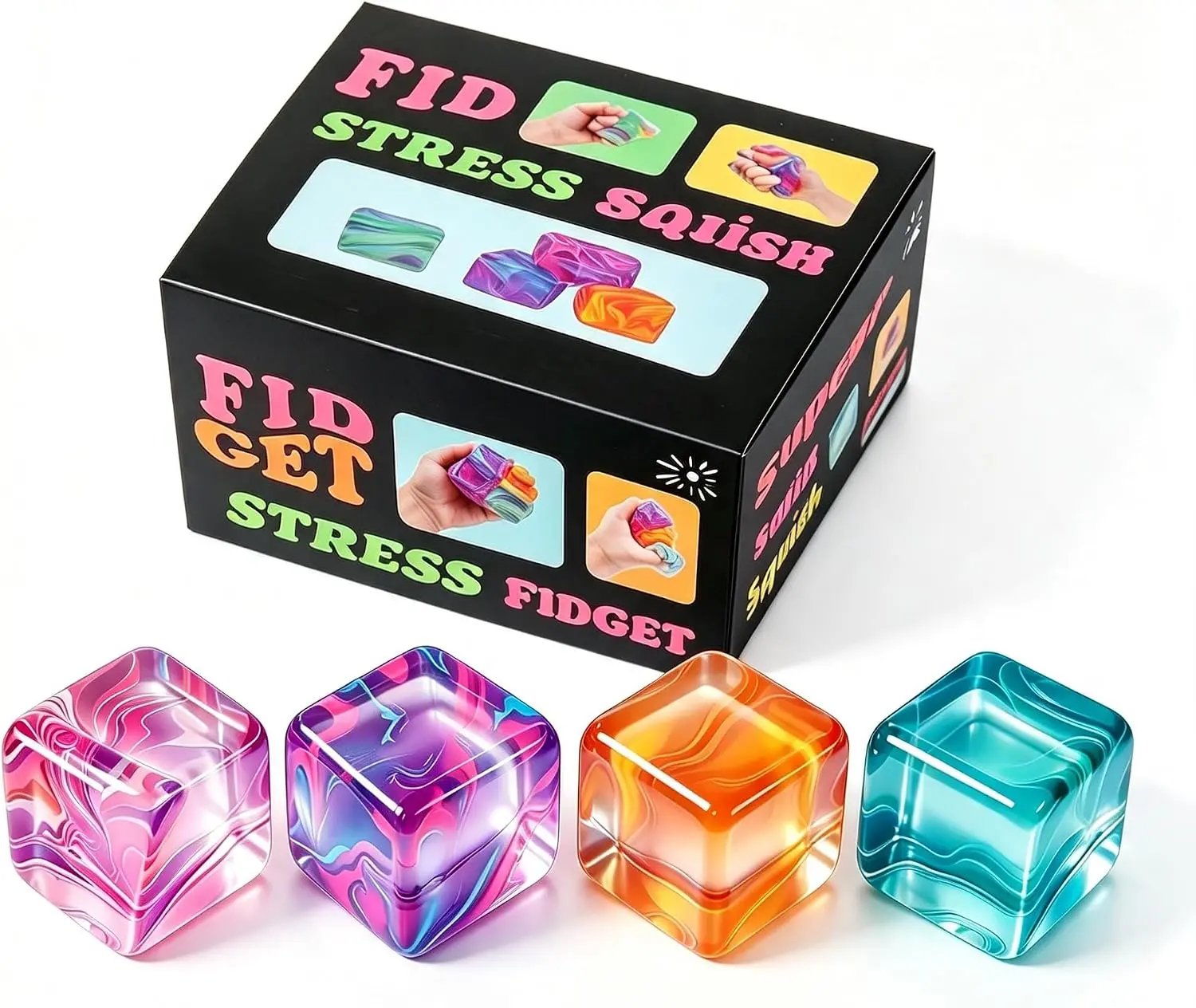 4Pack Fidget Toys Mini Squishy Stress Cube, Stress Balls for Kids, Adults Squishies Anxiety Stress Relief, Ice Squishy Cube Sugar Balls, Sensory Toys for Kids with Autism, Fidgets for Classroom Prize