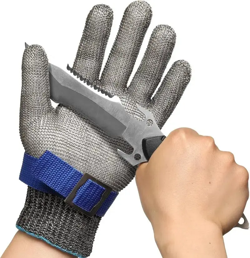 316L Stainless Steel Wire Cut Resistant Glove with Inner Nylon Liner, Adjustable Wrist Strap Food Grade Metal Mesh Safety Glove for Kitchen Cutting Meat Oyster Shucking Processing