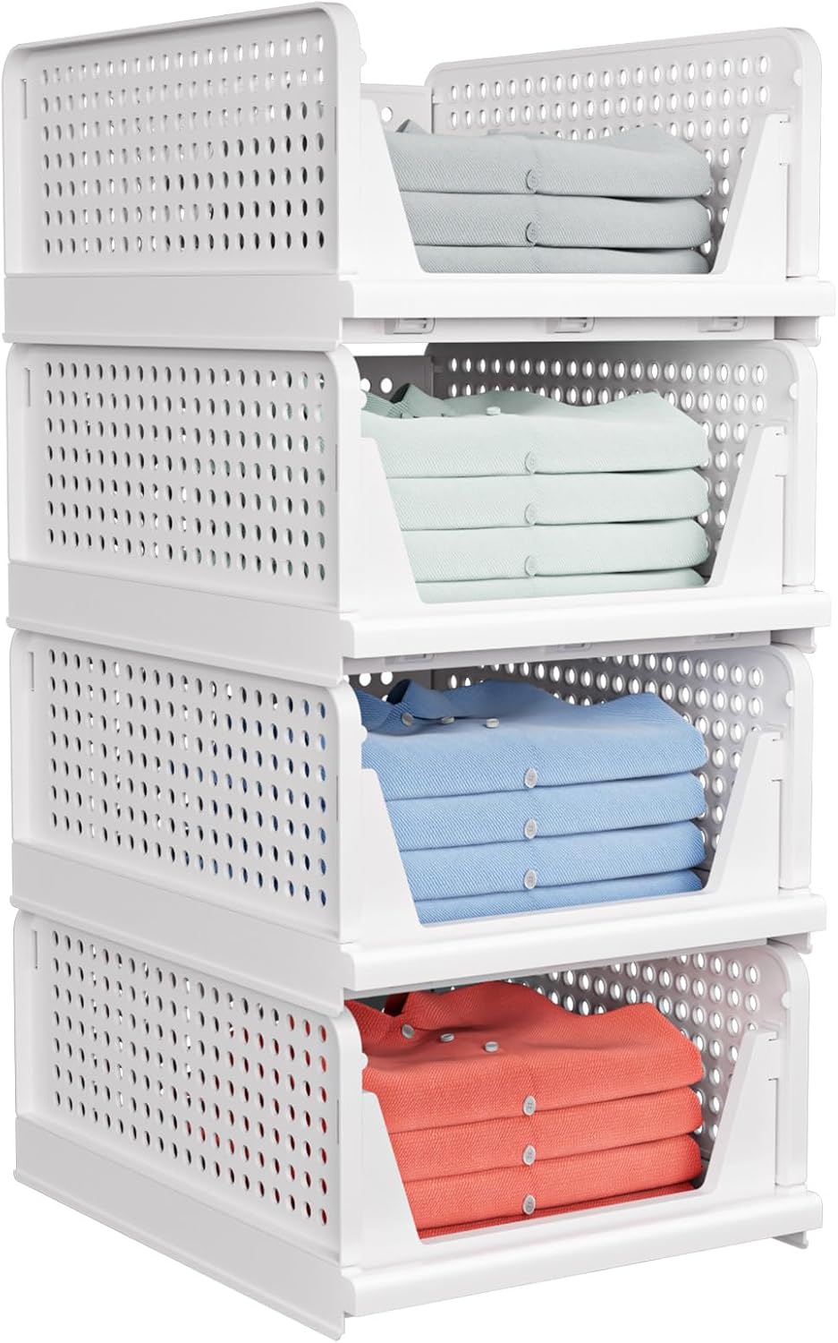 4-Pack Stackable Wardrobe Storage Baskets - Stackable Storage Bins, Multifunctional Foldable Wardrobe Storage Racks, Wardrobe Cabinet Space-Saving Clothing Storage Hat Storage Racks, White