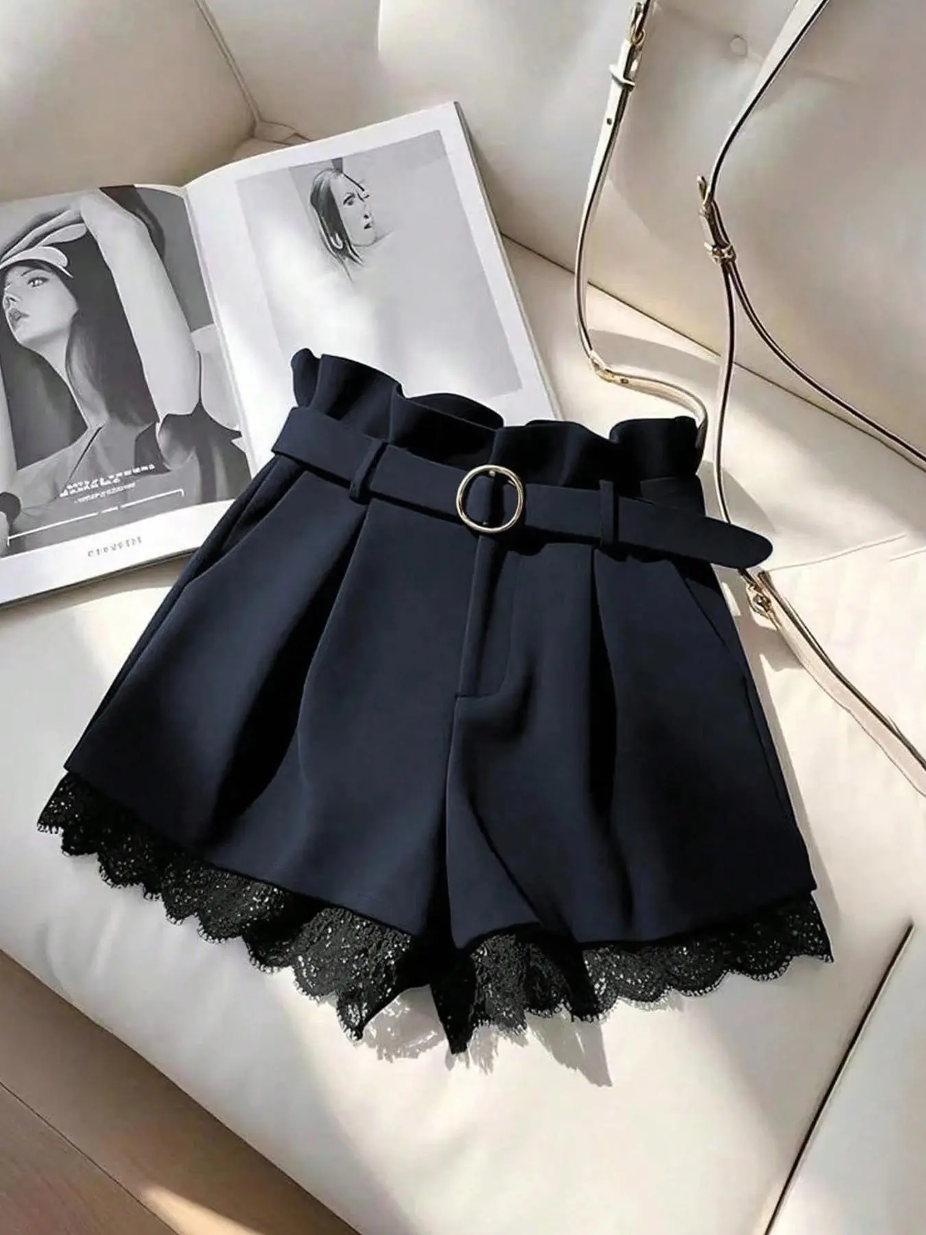 Valentine's Day Women's Elegant Lace Trim High Waist Shorts for Women | Solid Casual Summer Shorts With Matching Belt | Chic Daily Wear Chic Lace Detail Belted Shorts | Women Solid High Waist Summer Casual Shorts