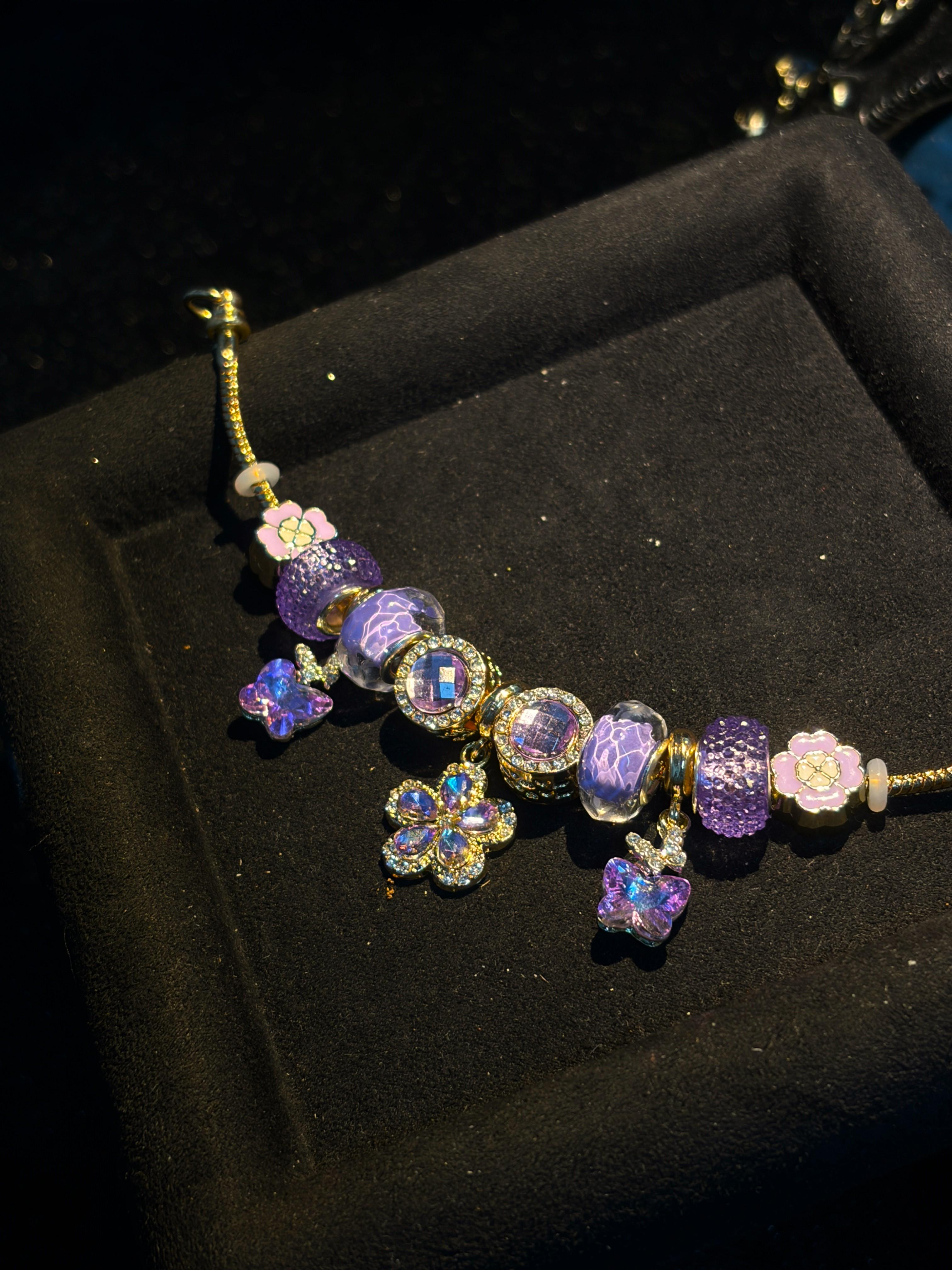 Women's Gold-Tone Adjustable Snake Chain Stackable Charm Bracelet with Sparkly Purple Flower, Butterfly Glass Bead Charms - Trendy Costume Jewelry Gift for Ladies Women's Gold-Tone Adjustable Snake Chain Stackable Charm Bracelet with Sparkly Purple Flower, Butterfly Glass Bead Charms - Trendy Costume Jewelry Gift for Ladies