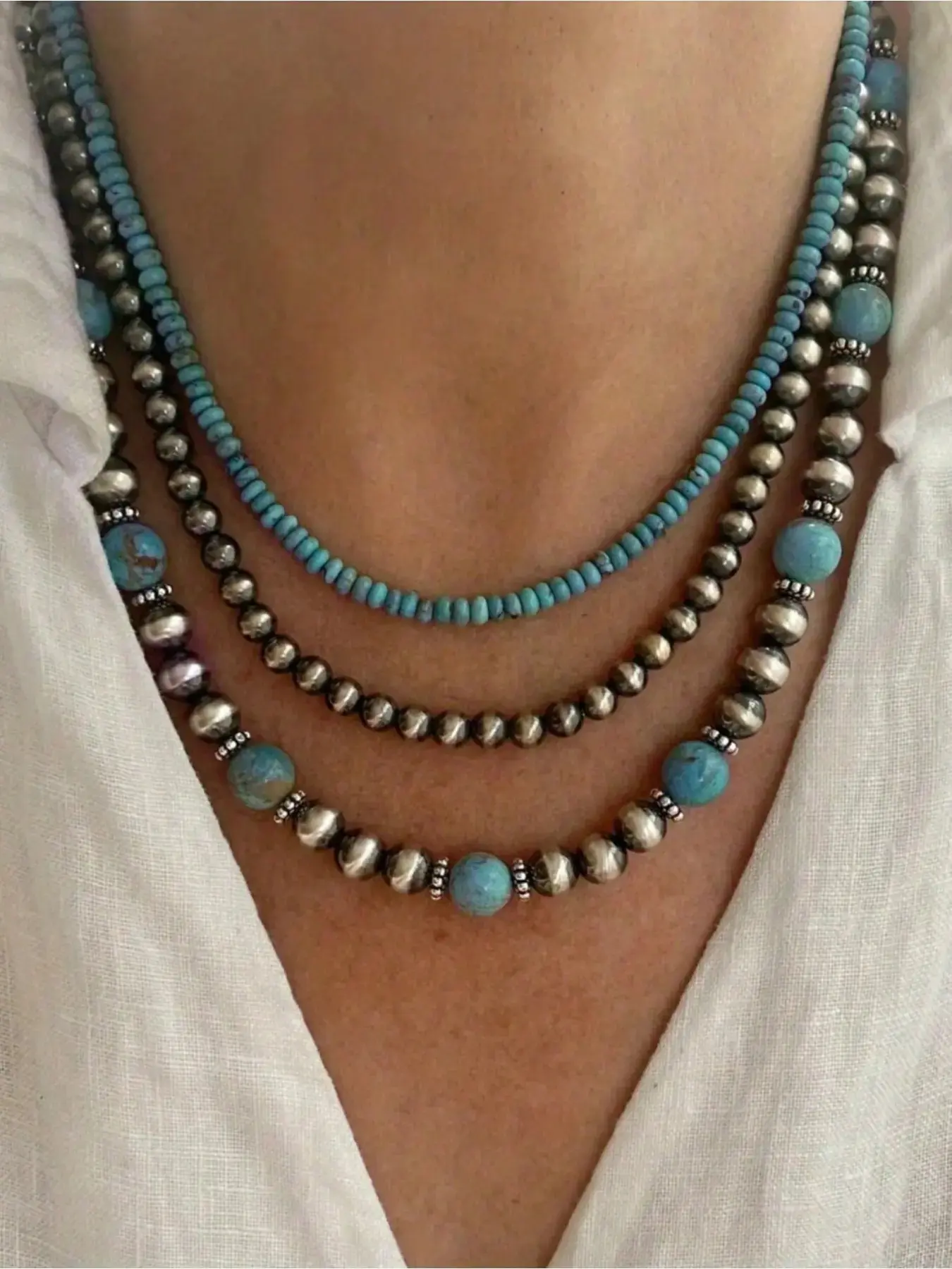 3PCS/set Vintage Niche Navajo Jewelry Necklace Pendant Design Female Turquoise Multi-layer Three-piece Set Necklace Promisebeach Summer Holiday  Party Necklets