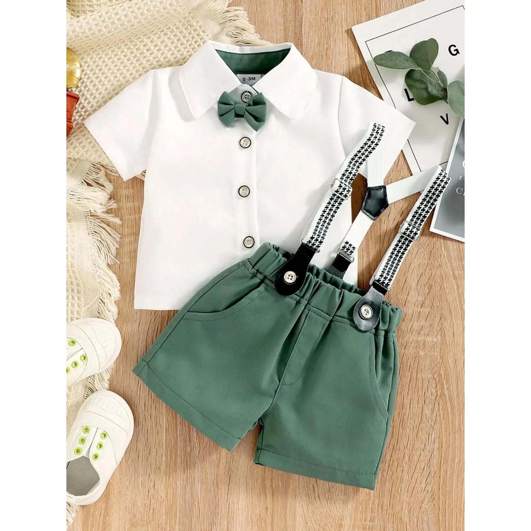 Boys' Gentleman Formal 3-Piece Set, Toddler Suit, Bow Tie Shirt Short Sleeve Top + Plaid Shorts, Summer Dress Suit for Infants, Outfits Set-DMA