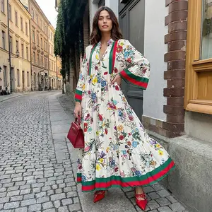 LikeMychoice Vintage Floral Print Maxi Dress Women Boho Long Sleeve Tiered Ruffle Hem Flowy Casual Long Dresses for Holiday Beach Party Summer Breathable Fabric