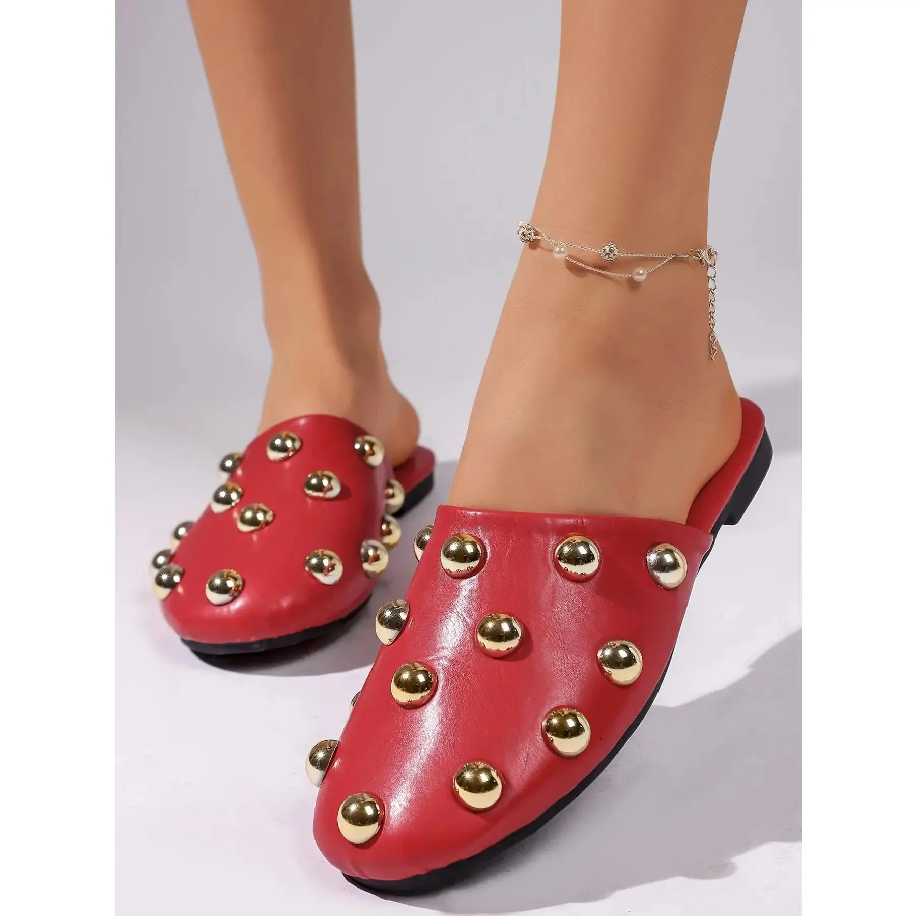 Women's PU Leather Slip-On Rivet Mule Sandals, Multi-Studs Flat Outdoor Wear Shoes, Comfortable Stylish Sports & Outdoor Casual Footwear