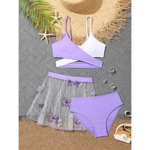 Tween Girl Two Tone Wrap Cross Bikini Set & Butterfly Print Beach Skirt Summer Beach