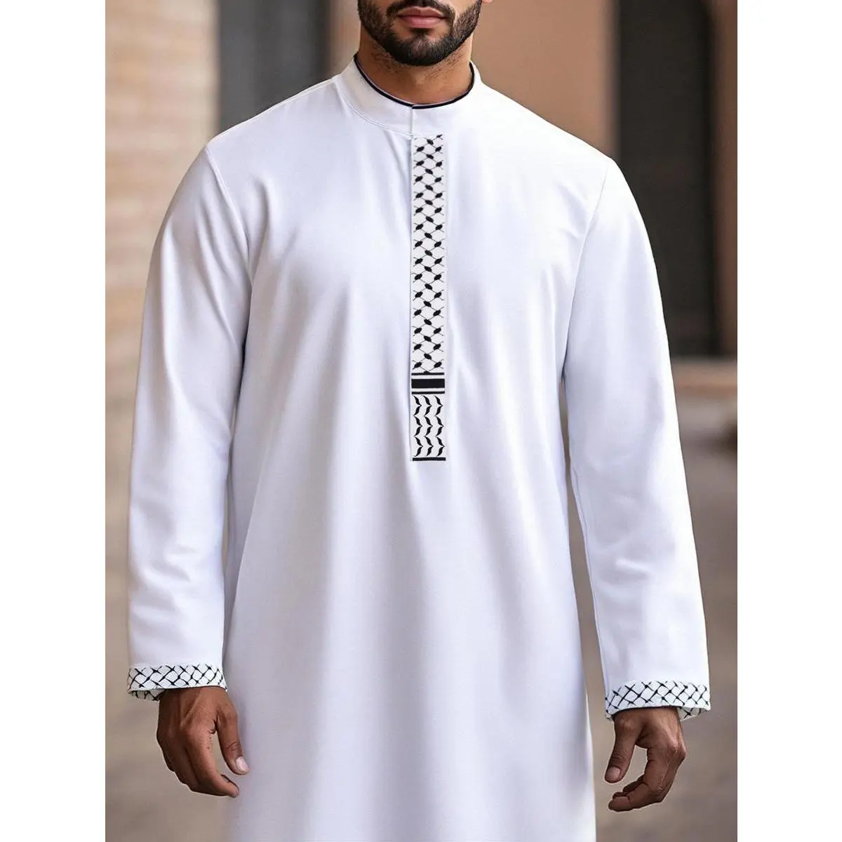 Men's Classic Long Sleeve Thobe with Geometric Embroidery, Loose Fit Arabic Kaftan, Formal Middle Eastern Islamic Robe in White, M, Button, Elastane, Ankle Length, All Seasons, Hand Wash, Polyester Blend