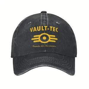 1pc Fallout 4 Vault-Tec Logo Baseball Cap - Classic Washed Distressed Dad Hat, Adjustable Snapback Lightweight Unisex Outdoor Sun Hat for Men & Women, Perfect Gift for Gamers & Fallout Fans, Casual Headwear, Gamer Headgear, Hiphop Style Apparel
