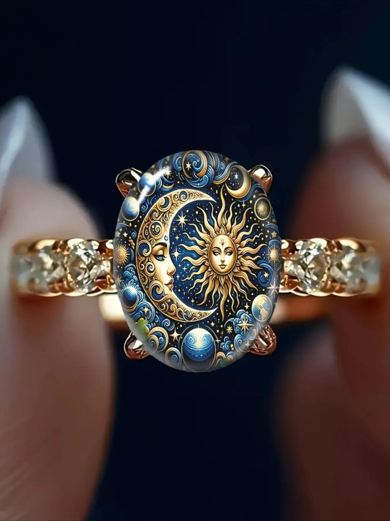 Copper Plain Sun & Moon Celestial Enamel Gold Fashion Ring - Jewelry Ring, Mystical Cosmic Design, Perfect for Anniversary, Everyday Wear, Romantic Gift for Girlfriends, Fashion Rings