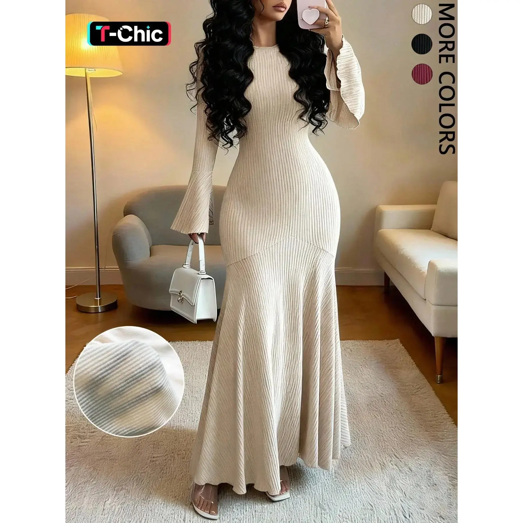 Women's Solid Fitted Long Sleeve Dress Minimalist Casual Summer 2026 Breathable Lightweight Everyday Shopping Gown